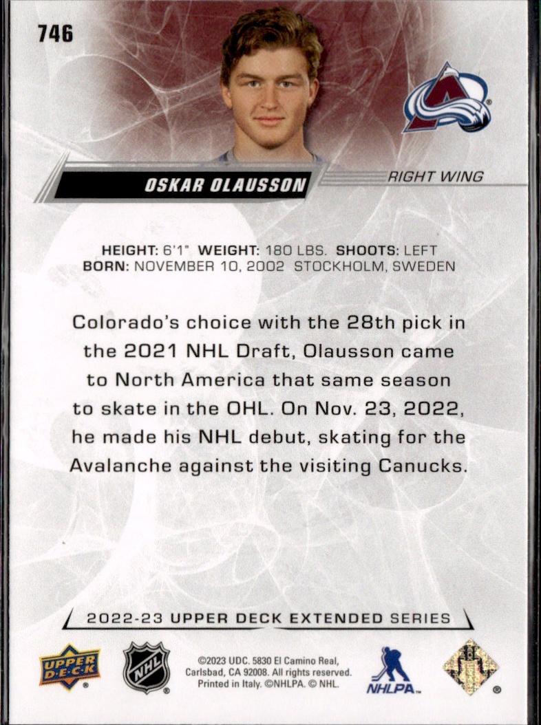 2022-23 Upper Deck Extended Series Hockey Base #746 Colorado Avalanche (Oskar Olausson)