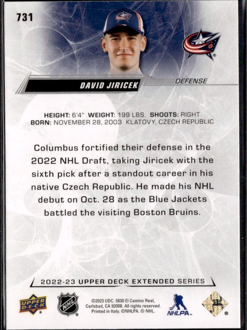 2022-23 Upper Deck Extended Series Hockey Base #731 Columbus Blue Jackets (David Jiricek)