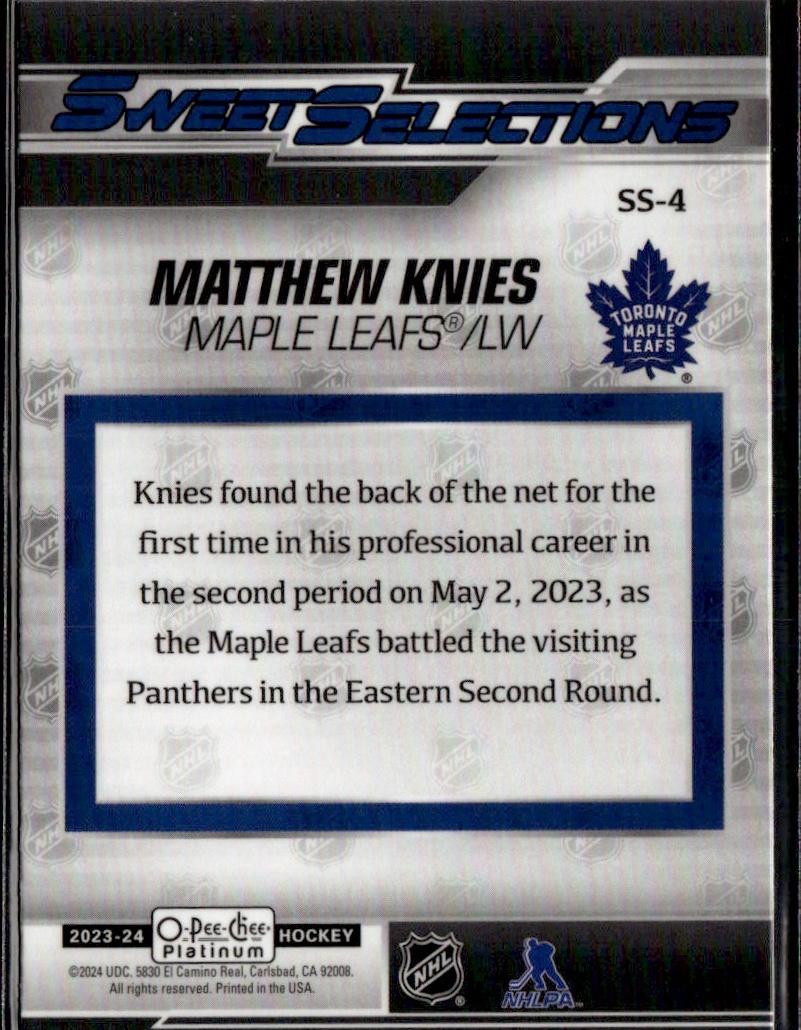 2023-24 O-Pee-Chee Platinum Hockey Sweet Selections #SS-4 Toronto Maple Leafs (Matthew Knies)