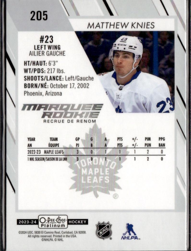 2023-24 O-Pee-Chee Platinum Hockey Base - Marquee Rookie #205 Toronto Maple Leafs (Matthew Knies)
