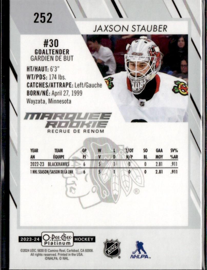 2023-24 O-Pee-Chee Platinum Hockey Base - Marquee Rookie #252 Chicago Blackhawks (Jaxson Stauber)