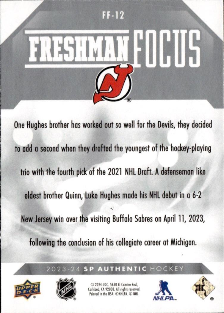 2023-24 SP Authentic Hockey Freshman Focus #FF-12 New Jersey Devils (Luke Hughes)