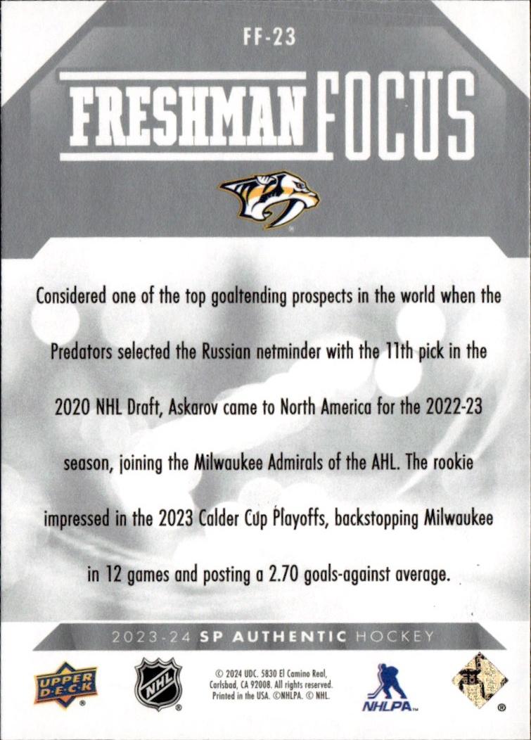 2023-24 SP Authentic Hockey Freshman Focus #FF-23 Nashville Predators (Yaroslav Askarov)
