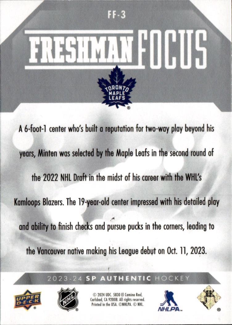 2023-24 SP Authentic Hockey Freshman Focus #FF-3 Toronto Maple Leafs (Fraser Minten)
