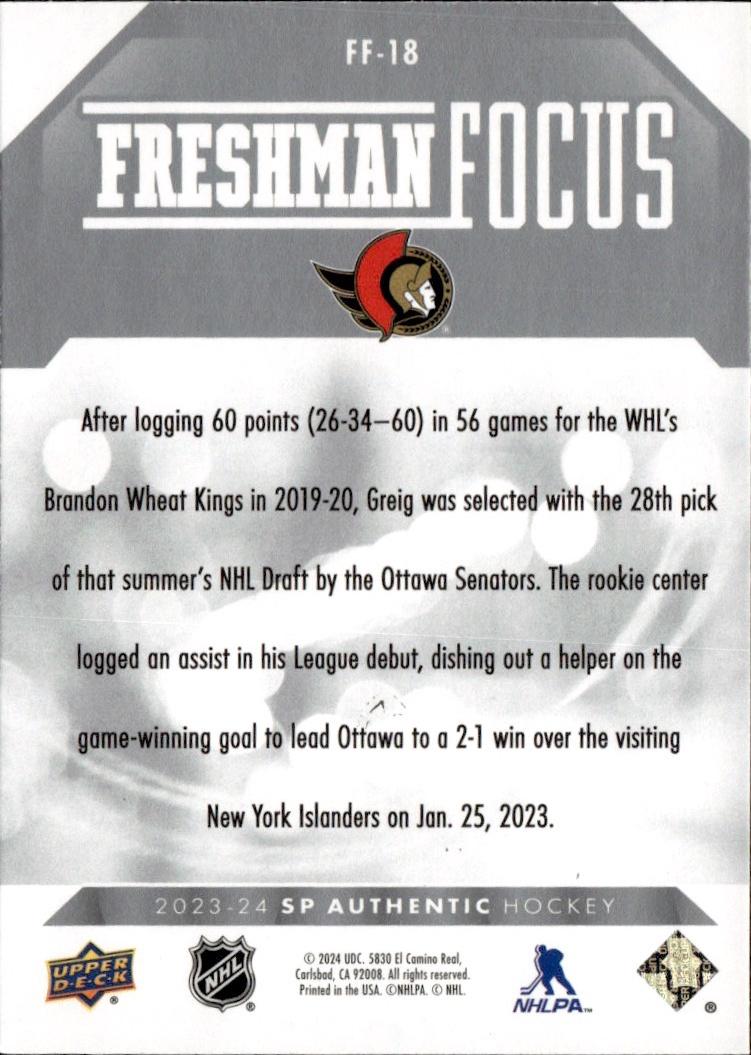 2023-24 SP Authentic Hockey Freshman Focus #FF-18 Ottawa Senators (Ridly Greig)