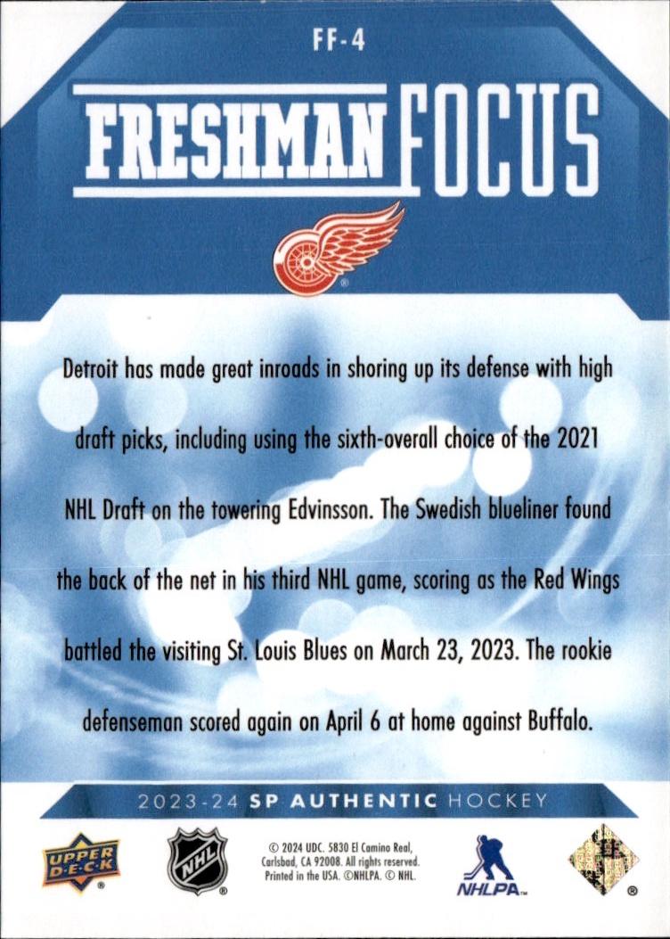 2023-24 SP Authentic Hockey Freshman Focus Blue #FF-4 Detroit Red Wings (Simon Edvinsson)