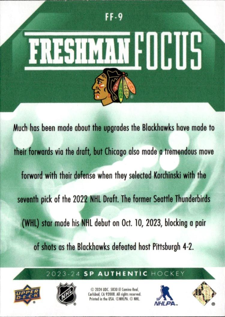 2023-24 SP Authentic Hockey Freshman Focus Green #FF-9 Chicago Blackhawks (Kevin Korchinski)