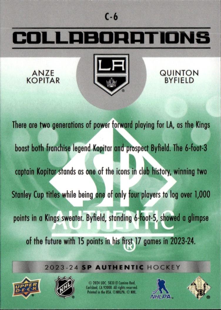 2023-24 SP Authentic Hockey Collaborations Green #C-6 Los Angeles Kings (Anze Kopitar / Quinton Byfield)