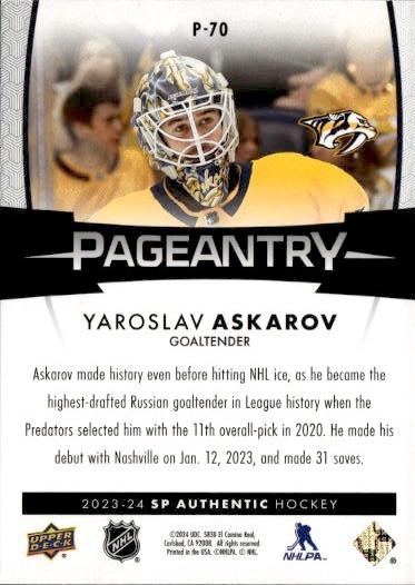 2023-24 SP Authentic Hockey Pageantry #P-70 Nashville Predators (Yaroslav Askarov)
