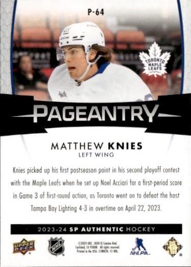 2023-24 SP Authentic Hockey Pageantry #P-64 Toronto Maple Leafs (Matthew Knies)