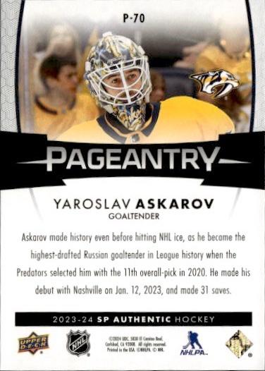 2023-24 SP Authentic Hockey Pageantry #P-70 Nashville Predators (Yaroslav Askarov)