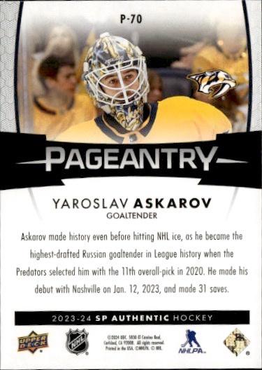 2023-24 SP Authentic Hockey Pageantry #P-70 Nashville Predators (Yaroslav Askarov)