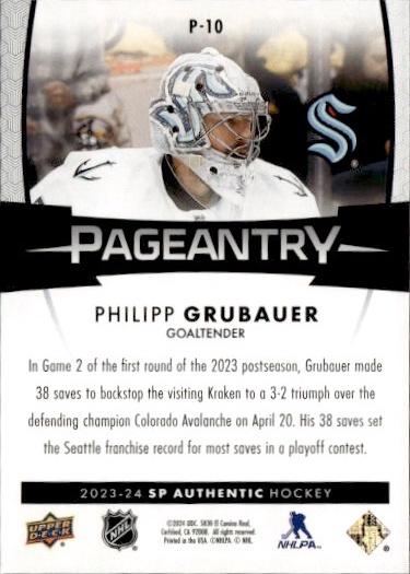 2023-24 SP Authentic Hockey Pageantry #P-10 Seattle Kraken (Philipp Grubauer)