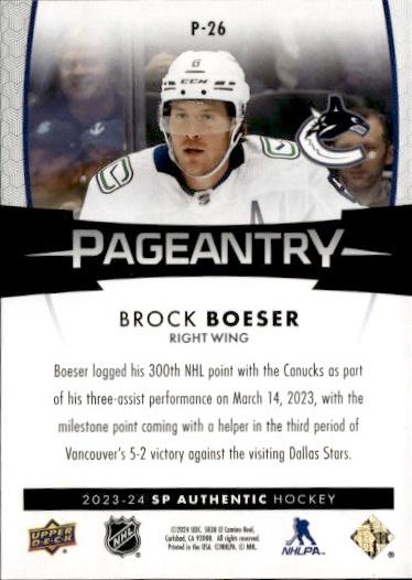 2023-24 SP Authentic Hockey Pageantry #P-26 Vancouver Canucks (Brock Boeser)