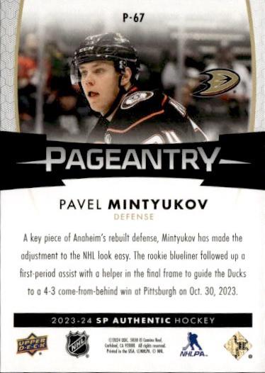 2023-24 SP Authentic Hockey Pageantry #P-67 Anaheim Ducks (Pavel Mintyukov)