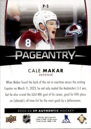 2023-24 SP Authentic Hockey Pageantry #P-5 Colorado Avalanche (Cale Makar)