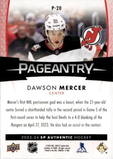 2023-24 SP Authentic Hockey Pageantry Red #P-20 New Jersey Devils (Dawson Mercer)