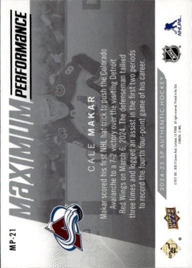 2024-25 SP Authentic Hockey Maximum Performance #MP-21 Colorado Avalanche (Cale Makar)