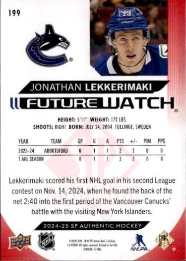 2024-25 SP Authentic Hockey Limited Red #199 Vancouver Canucks (Jonathan Lekkerimaki)