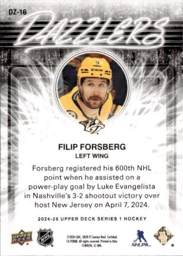 2024-25 Upper Deck Series 1 Hockey Dazzlers Blue #DZ-16 Nashville Predators (Filip Forsberg)