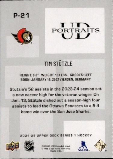 2024-25 Upper Deck Series 1 Hockey UD Portraits Speckled #P-21 Ottawa Senators (Tim Stutzle)