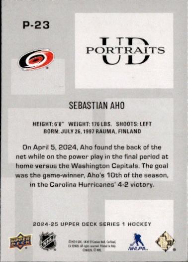 2024-25 Upper Deck Series 1 Hockey UD Portraits Speckled #P-23 Carolina Hurricanes (Sebastian Aho)