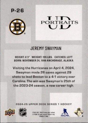 2024-25 Upper Deck Series 1 Hockey UD Portraits #P-26 Boston Bruins (Jeremy Swayman)