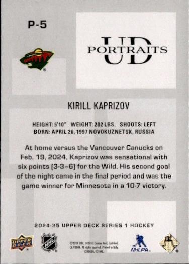 2024-25 Upper Deck Series 1 Hockey UD Portraits #P-5 Minnesota Wild (Kirill Kaprizov)