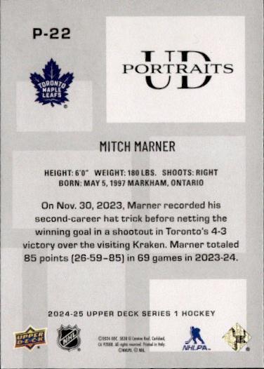 2024-25 Upper Deck Series 1 Hockey UD Portraits #P-22 Toronto Maple Leafs (Mitch Marner)
