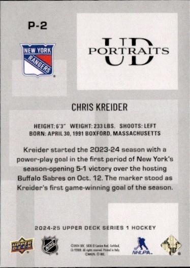 2024-25 Upper Deck Series 1 Hockey UD Portraits #P-2 New York Rangers (Chris Kreider)