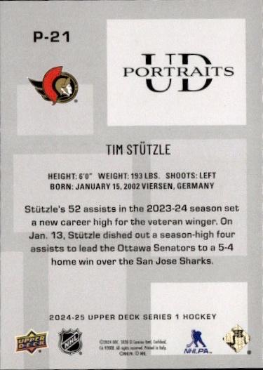 2024-25 Upper Deck Series 1 Hockey UD Portraits #P-21 Ottawa Senators (Tim Stutzle)