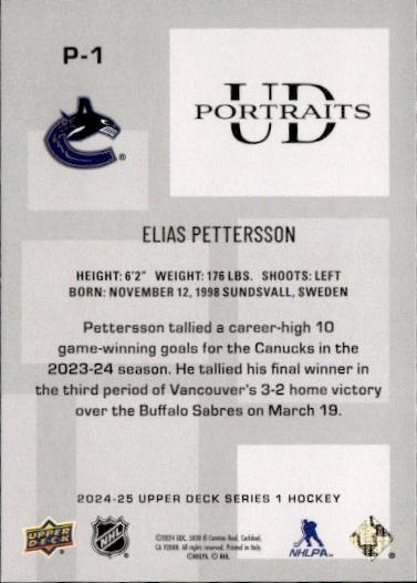 2024-25 Upper Deck Series 1 Hockey UD Portraits #P-1 Vancouver Canucks (Elias Pettersson)