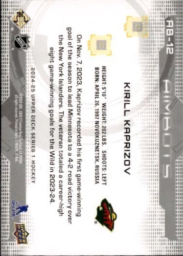 2024-25 Upper Deck Series 1 Hockey Aimbots #AB-12 Minnesota Wild (Kirill Kaprizov)