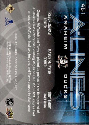 2024-25 Upper Deck Series 1 Hockey A-Lines #AL-1 Anaheim Ducks (Trevor Zegras / Mason McTavish / Troy Terry)