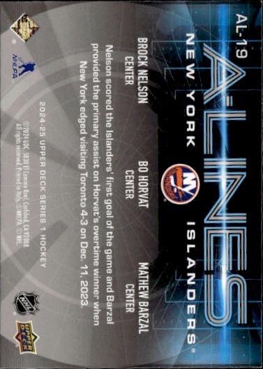 2024-25 Upper Deck Series 1 Hockey A-Lines #AL-19 New York Islanders (Brock Nelson / Bo Horvat / Mathew Barzal)