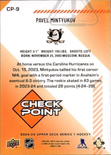 2024-25 Upper Deck Series 1 Hockey Checkpoint #CP-9 Anaheim Ducks (Pavel Mintyukov)