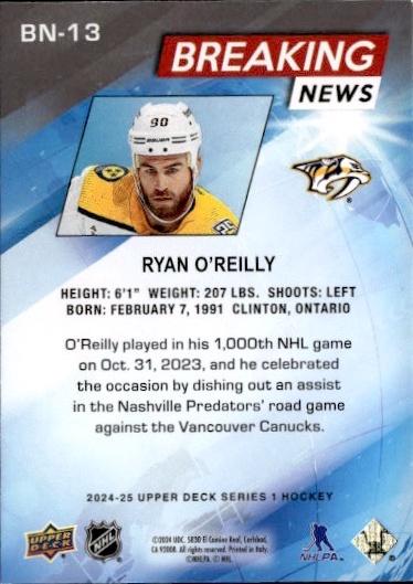 2024-25 Upper Deck Series 1 Hockey Breaking News #BN-13 Nashville Predators (Ryan O'Reilly)