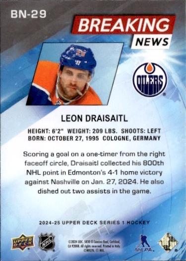 2024-25 Upper Deck Series 1 Hockey Breaking News #BN-29 Edmonton Oilers (Leon Draisaitl)