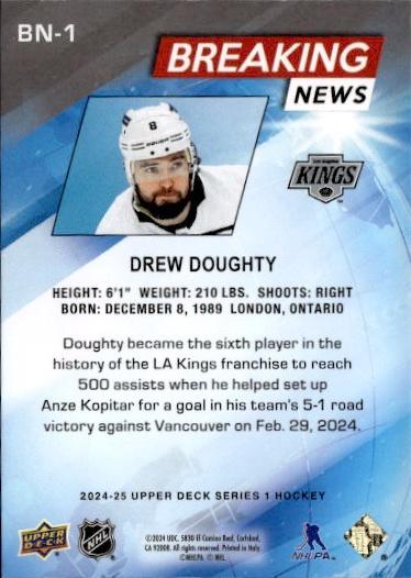 2024-25 Upper Deck Series 1 Hockey Breaking News #BN-1 Los Angeles Kings (Drew Doughty)