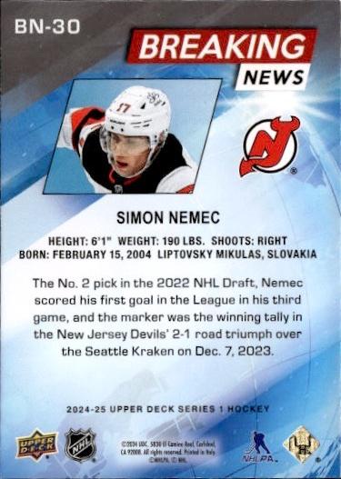 2024-25 Upper Deck Series 1 Hockey Breaking News #BN-30 New Jersey Devils (Simon Nemec)