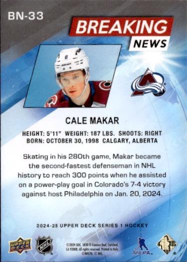 2024-25 Upper Deck Series 1 Hockey Breaking News #BN-33 Colorado Avalanche (Cale Makar)