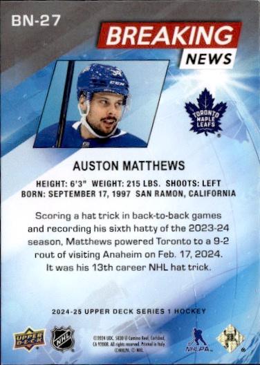 2024-25 Upper Deck Series 1 Hockey Breaking News #BN-27 Toronto Maple Leafs (Auston Matthews)