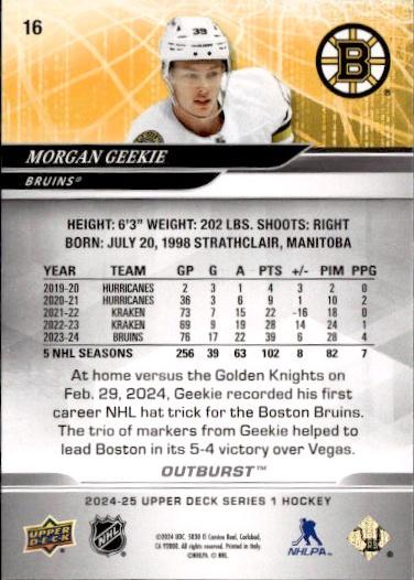 2024-25 Upper Deck Series 1 Hockey Base Outburst Silver #16 Boston Bruins (Morgan Geekie)