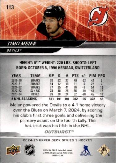 2024-25 Upper Deck Series 1 Hockey Base Outburst Silver #113 New Jersey Devils (Timo Meier)