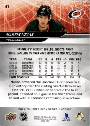2024-25 Upper Deck Series 1 Hockey Base Deluxe #/250 #41 Carolina Hurricanes (Martin Necas)