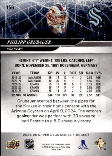 2024-25 Upper Deck Series 1 Hockey Base Deluxe #/250 #156 Seattle Kraken (Philipp Grubauer)