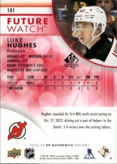 2023-24 SP Authentic Hockey Base Future Watch - Limited Red #101 New Jersey Devils (Luke Hughes)