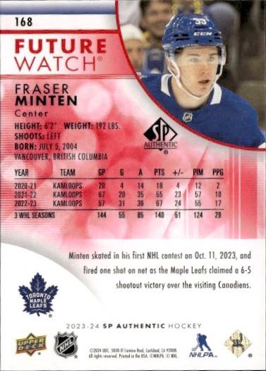 2023-24 SP Authentic Hockey Base Future Watch - Limited Red #168 Toronto Maple Leafs (Fraser Minten)