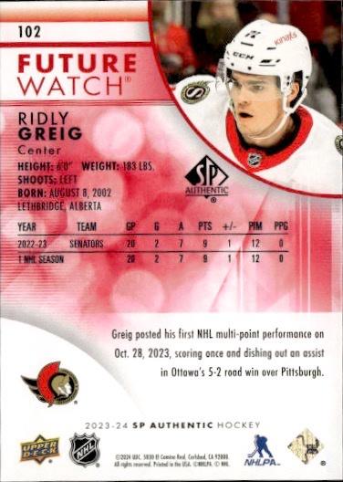 2023-24 SP Authentic Hockey Base Future Watch - Limited Red #102 Ottawa Senators (Ridly Greig)