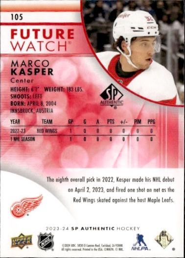 2023-24 SP Authentic Hockey Base Future Watch - Limited Red #105 Detroit Red Wings (Marco Kasper)